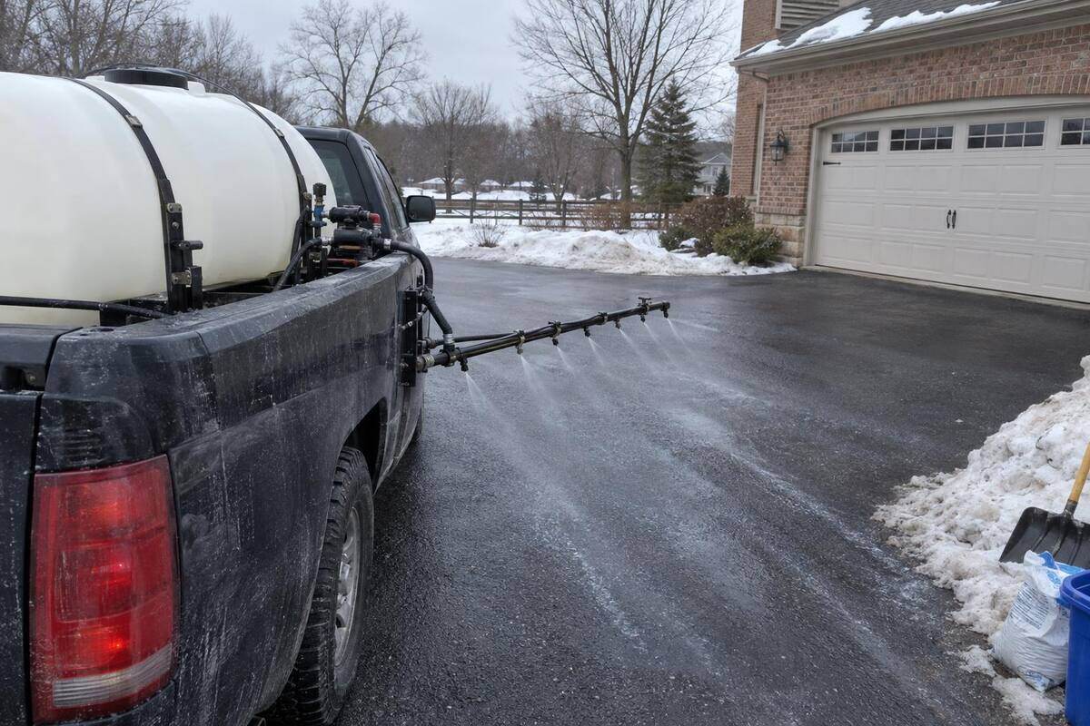 A pickup with a liquid brine tank and spray bar in the bed, wet spray lines across a dry asphalt driveway ahead of a forecast snow