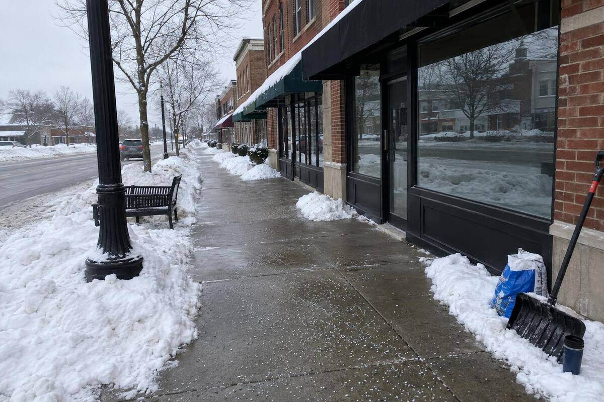 A shoveled public sidewalk in front of a row of brick storefronts with awnings, the full width cleared to the street edge, snow piled around a lamp post and a bench